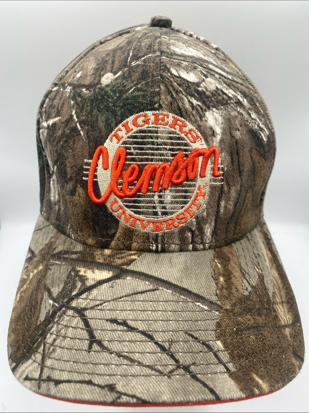 CLEMSON TIGERS The Game Camo Cap with Bright Orange Script Adult Fitted Cap Hat